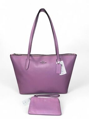 RARE Coach Violet Orchid Set: Zip Top Tote & Matching Wristlet (Silver Hardware)